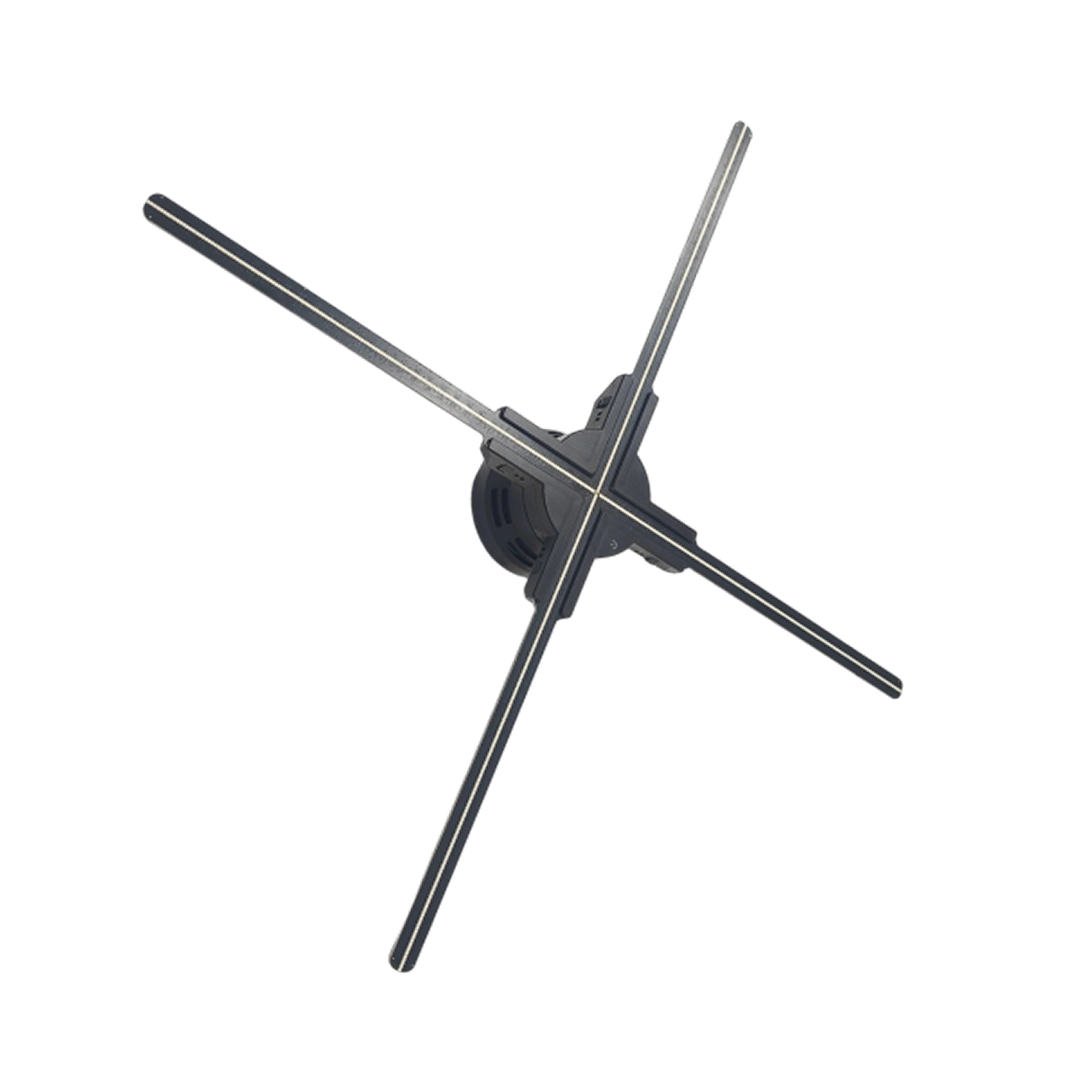 Diagram: how a hologram fan works — blades, motor, controller